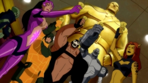Pictured (l to r): the second-to-last-Martian; the world's worst ex-girlfriend; a thief who went mad after years of getting his ass kicked by The Flash; the king of an island prison; a mercenary's brain in a robot body; and the evil Lara Croft.